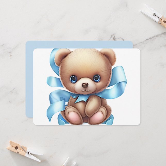 Invitation Baby shower Bleu Teddy Bear (Devant/Arrière en situation)