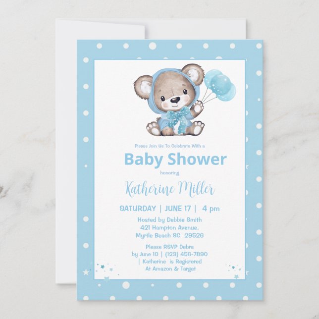 Invitation Baby shower bleu Teddy Bear Boys (Devant)
