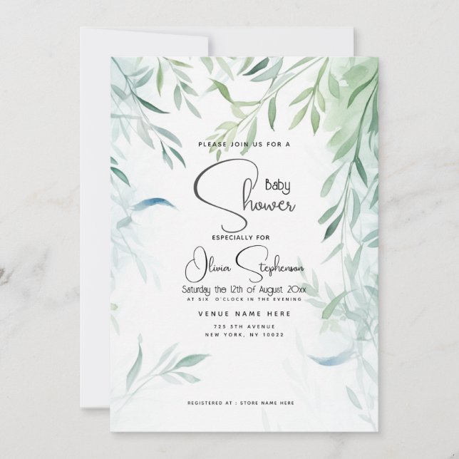 Invitation Baby shower - Bleu vert saule feuillage (Devant)