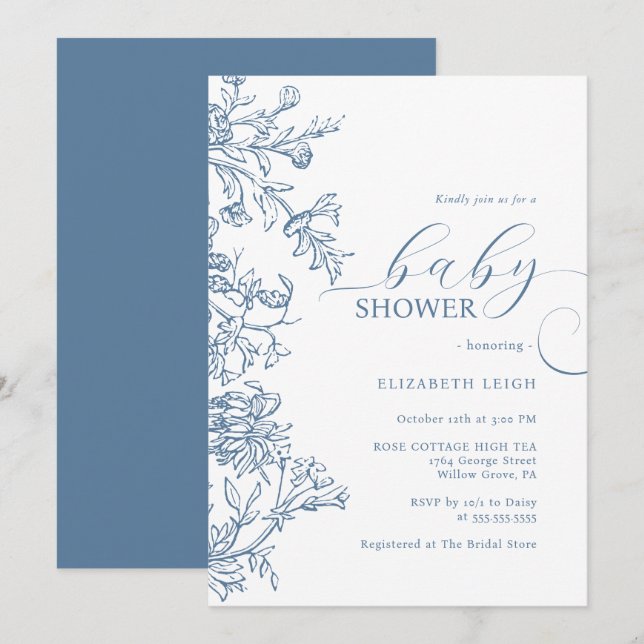 Invitation Baby shower bleu Vintage élégant (Devant / Derrière)