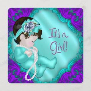 Invitation Baby shower bleu violet et Turquoise pour fille