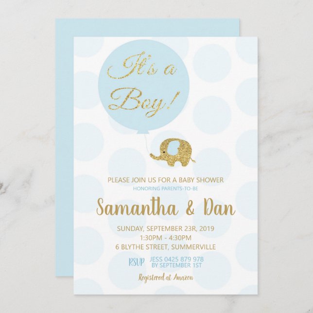 Invitation Baby shower Blue and Gold (Devant / Derrière)