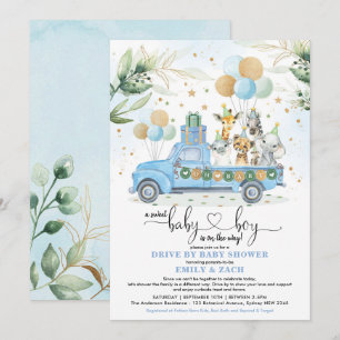 Invitation Baby shower Blue and Gold Jungle Safari Drive
