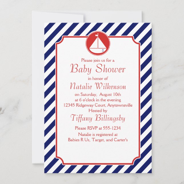 Invitation Baby shower Blue and Red Sailboat (Devant)