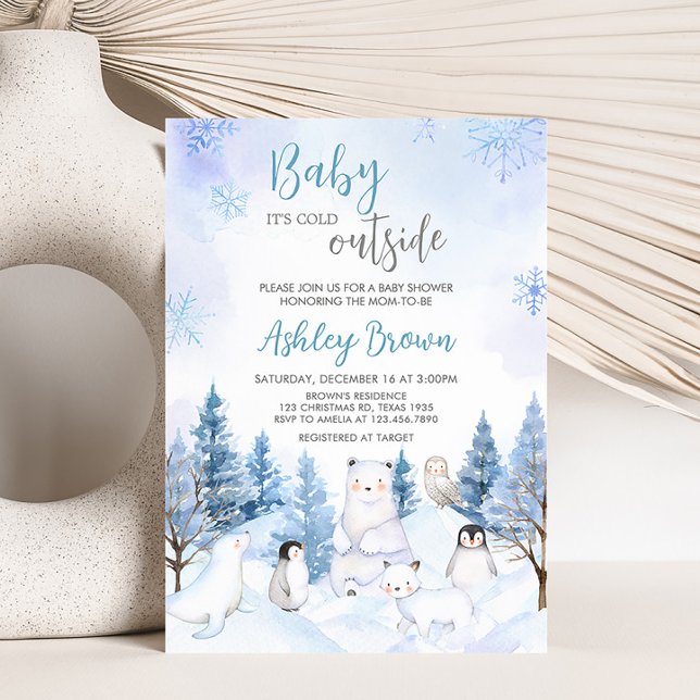 Invitation Baby shower Blue Arctic Animaux (Blue Christmas Baby Shower Invitation)