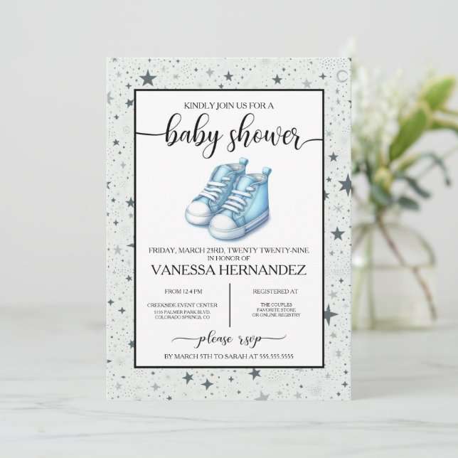 Invitation Baby shower Blue Baby High Tops (Debout devant)