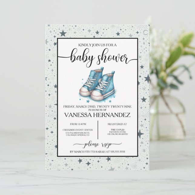 Invitation Baby shower Blue Baby High Tops (Debout devant)