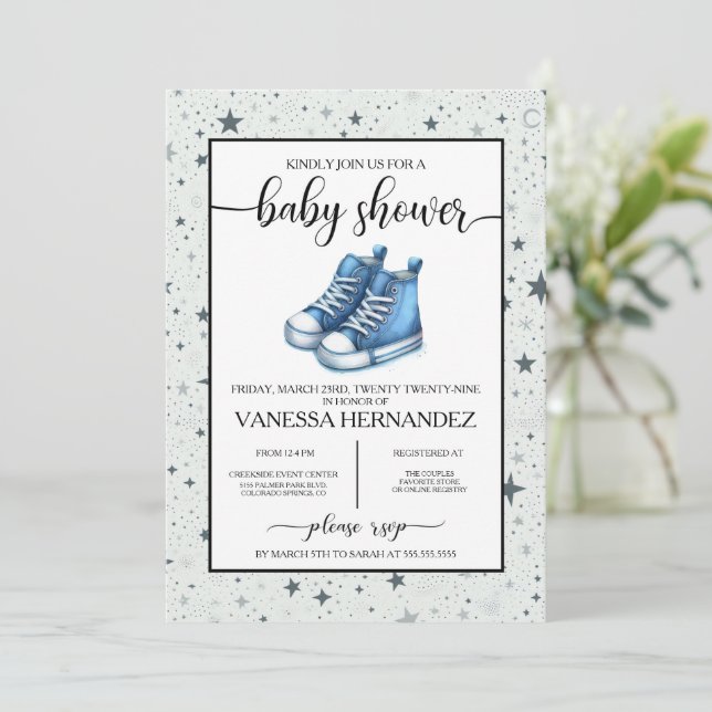 Invitation Baby shower Blue Baby High Tops (Debout devant)