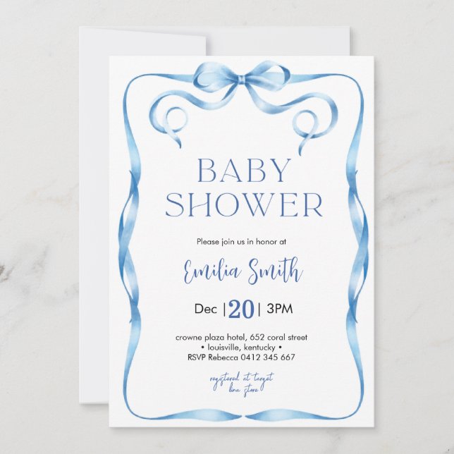 Invitation Baby shower Blue Boy Bow (Devant)