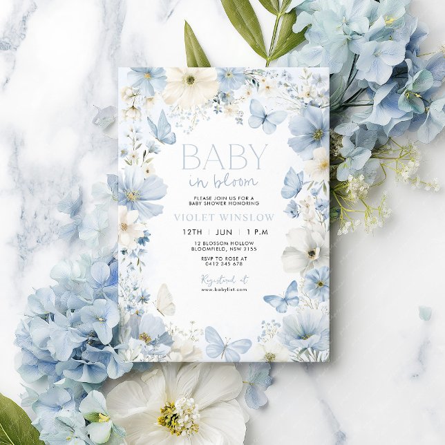 Invitation Baby shower Blue Boy Floral Butterfly (Blue Baby in Bloom Baby Shower Invitation Blue and White flowers and butterflies)