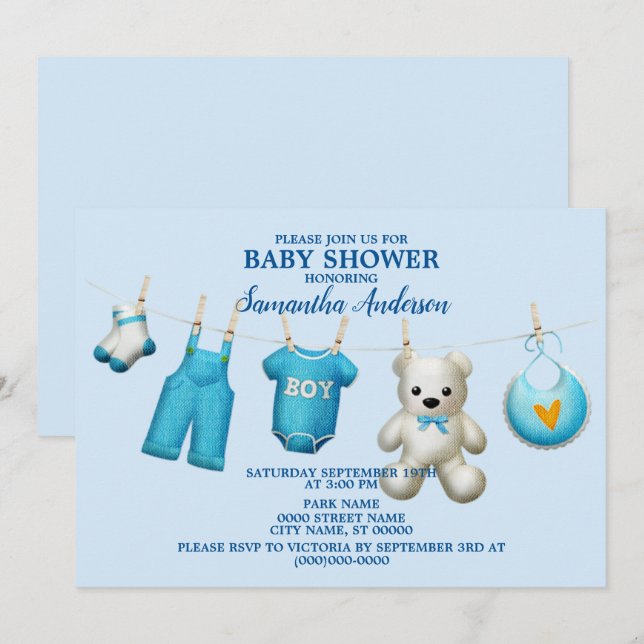 Invitation Baby shower Blue Boys Belle Élégante (Devant / Derrière)