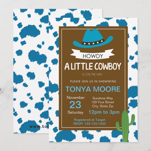 Invitation Baby shower Blue Cowboy (Devant / Derrière)