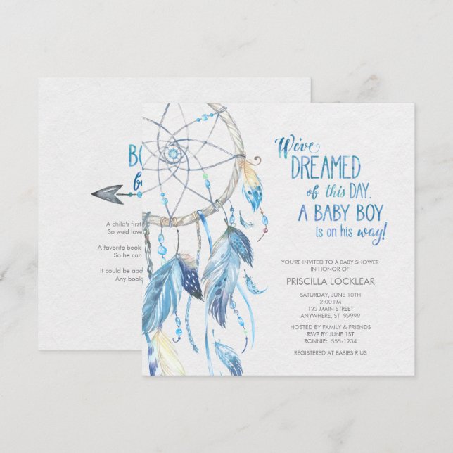 Invitation Baby shower Blue Dreamcatcher (Devant / Derrière)