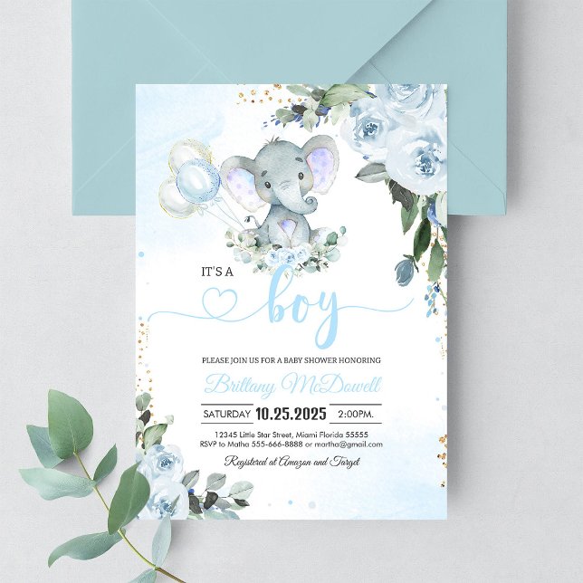 Invitation Baby shower Blue Elephant Boy (Créateur téléchargé)