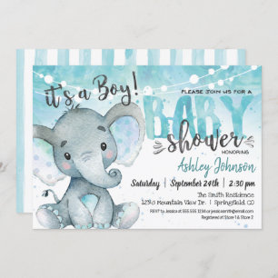 Invitation Baby shower Blue Elephant Invitation, garçon