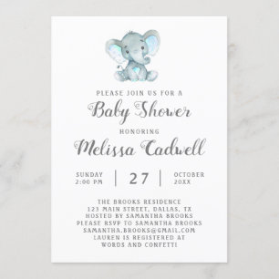 Invitation Baby shower Blue Elephant Invitation, garçon