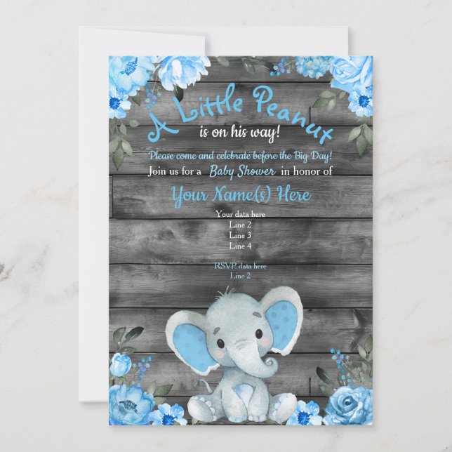 Invitation Baby shower Blue Elephant, rustique (Devant)