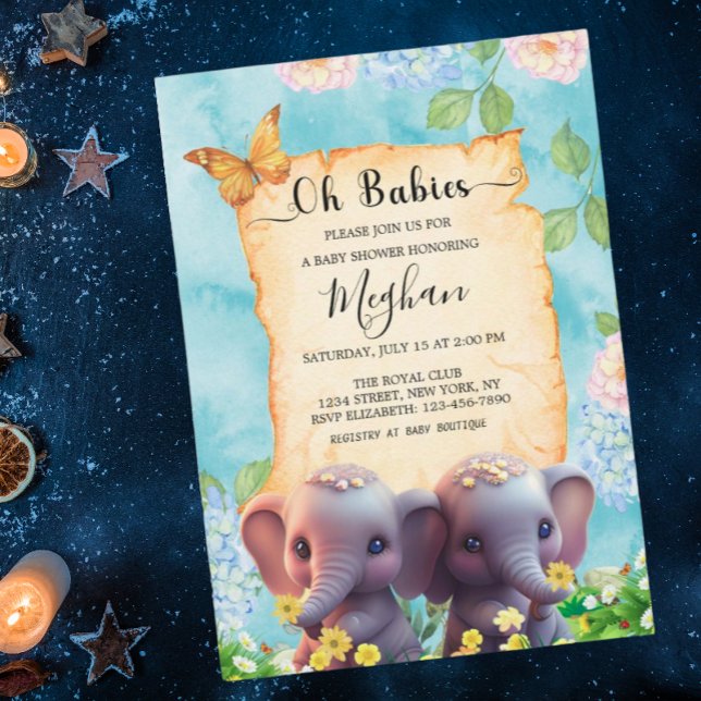 Invitation Baby shower Blue Floral Eléphant (Créateur téléchargé)