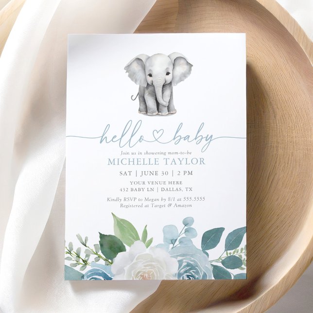 Invitation Baby shower Blue Floral Elephant Boy (Créateur téléchargé)