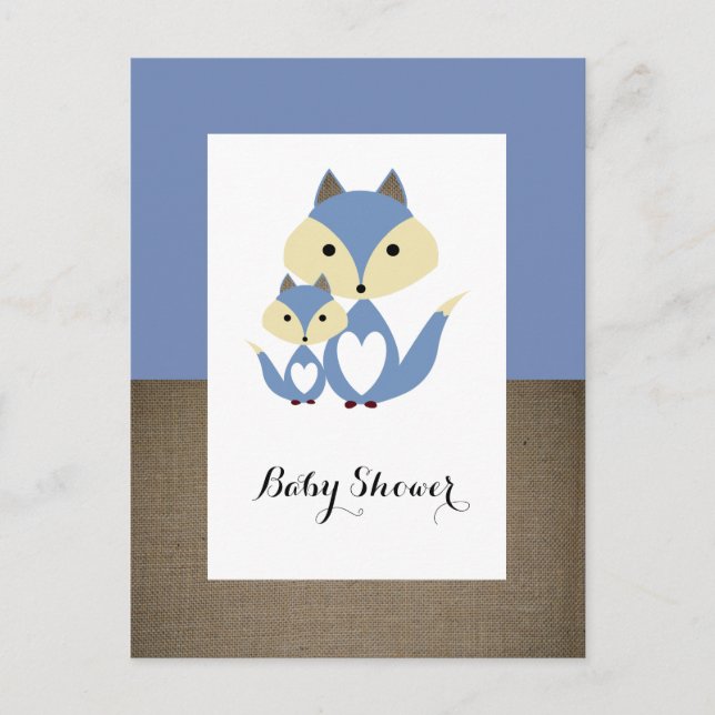 Invitation Baby shower Blue Fox Burlap (Devant)
