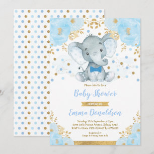 Invitation Baby shower Blue Gold Elephant Little Man