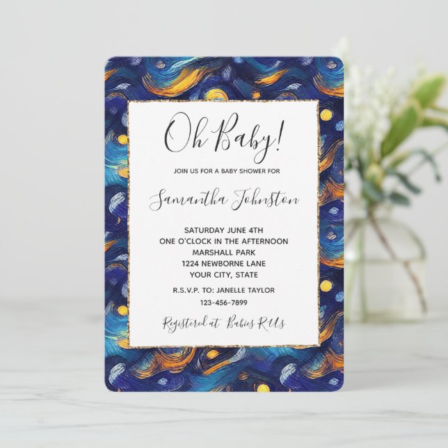 Invitation Baby shower Blue Gold Starry Sky (Debout devant)