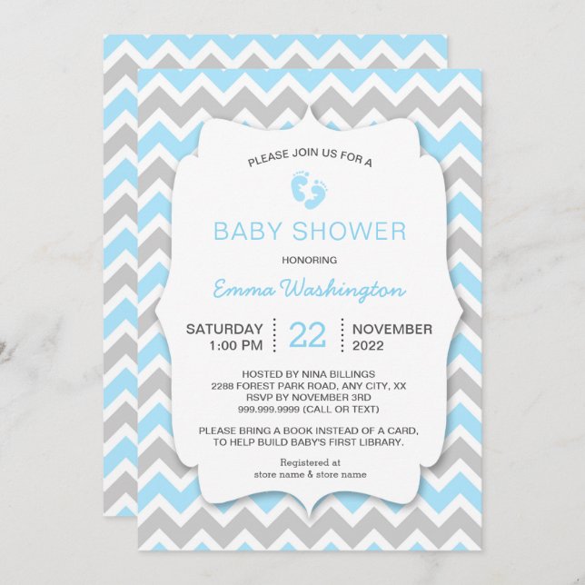 Invitation Baby shower Blue Grey Chevron (Devant / Derrière)