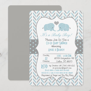 Invitation Baby shower Blue Grey Elephant