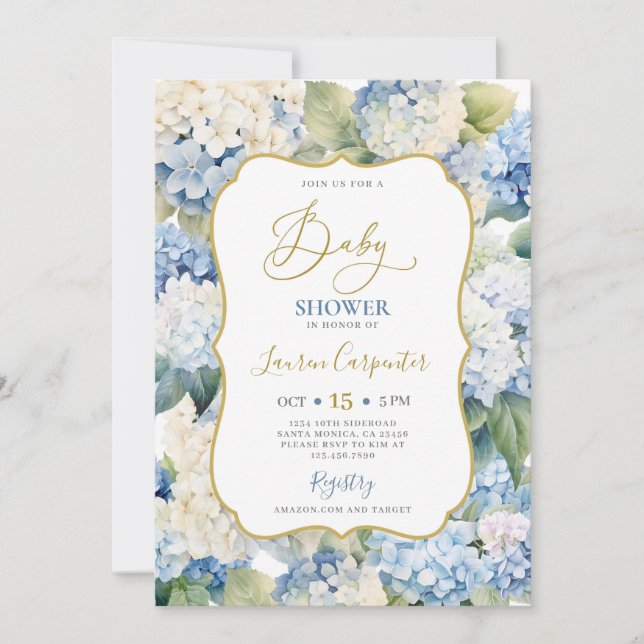 Invitation Baby shower Blue Hydrangea (Devant)