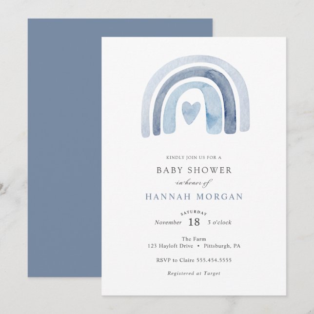 Invitation Baby shower Blue Rainbow (Devant / Derrière)