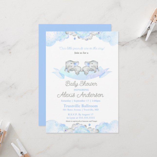 Invitation Baby shower Blue Sleeping Twins Baby Elephants (Devant/Arrière en situation)