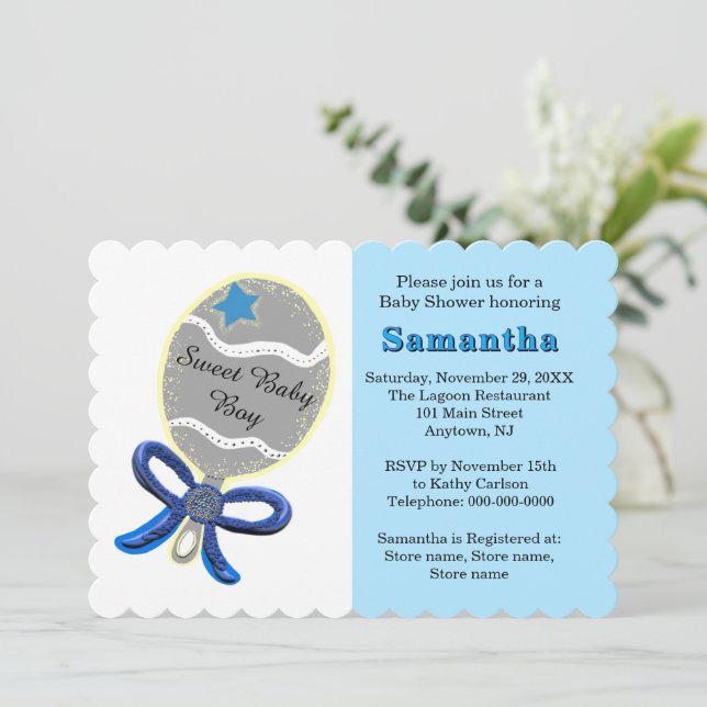 Invitation Baby shower Blue Star Silver Rattle (Debout devant)