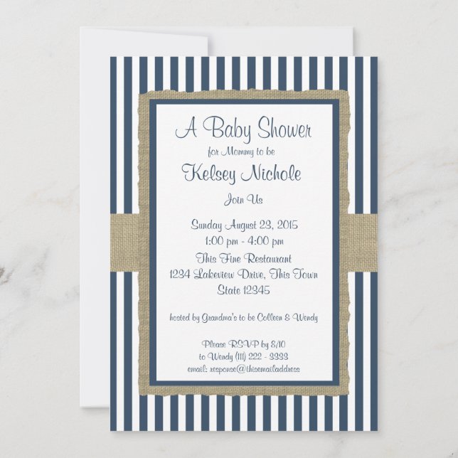 Invitation Baby shower Blue Stripes Navy (Dos)