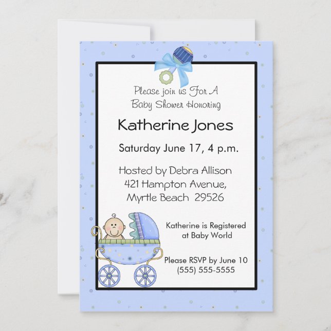 Invitation Baby shower Blue Stroller (Devant)