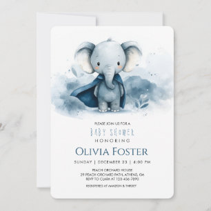 Invitation Baby shower Blue Superhero Elephant