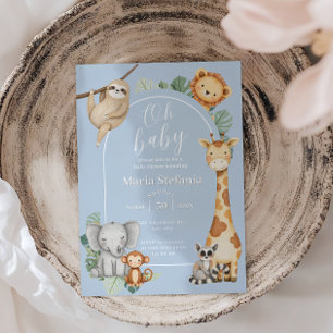 Invitation Baby shower Blue Tropical Jungle Safari Animaux