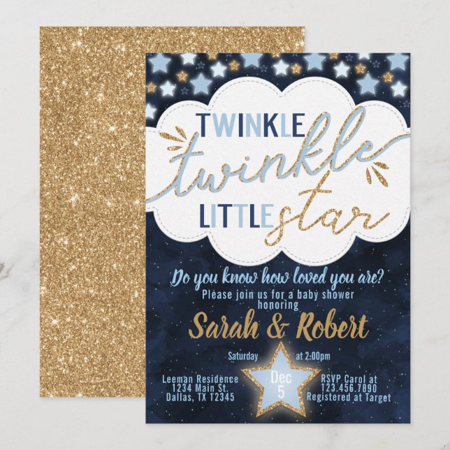 Invitation Baby shower Blue Twinkle Little Star (Devant / Derrière)