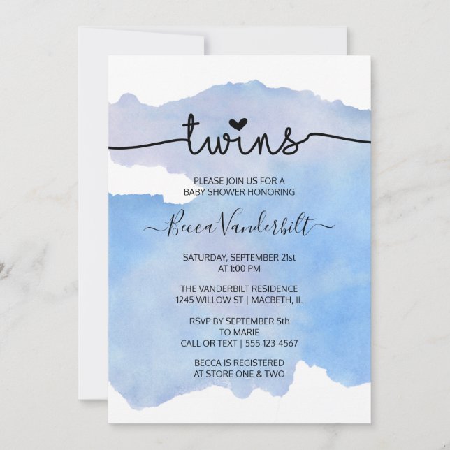 Invitation Baby shower Blue Watercolor Twins (Devant)