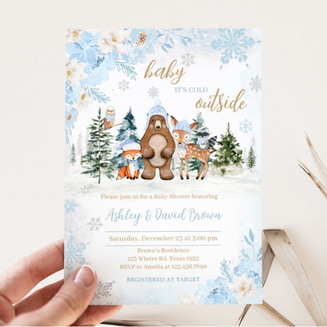 Invitation Baby shower Blue Winter Woodland Animaux (Blue Baby It's Cold Outside Baby Shower Invitation)