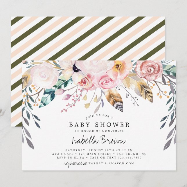 Invitation Baby shower bohème avec fleurs aquarelles et plume (Devant / Derrière)