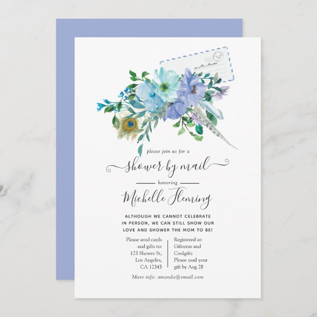 Invitation Baby Shower Bohème Bleu et Menthe par courrier (Devant / Derrière)