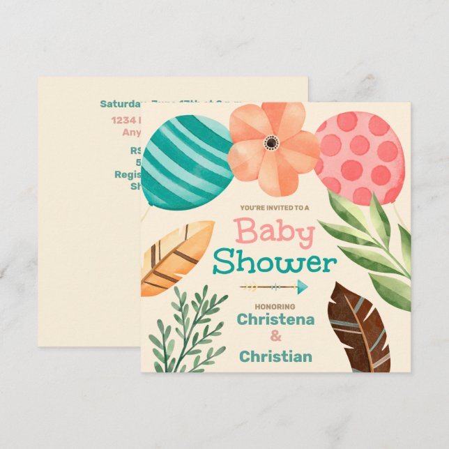 Invitation Baby Shower Bohème Botanique (Devant / Derrière)