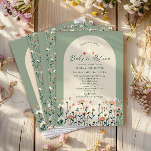 Invitation Baby Shower Bohème Fleur de Sauge Verte en Fleur
