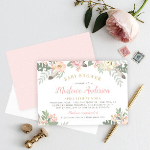 Invitation Baby shower Bohème Fleurie Rose et Or pour Bébé Fi