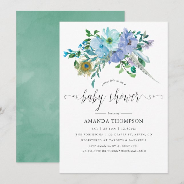 Invitation Baby shower Boho à la menthe et à l'aquarelle bleu (Devant / Derrière)