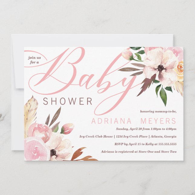 Invitation Baby shower Boho, Aquarelle Florale (Devant)