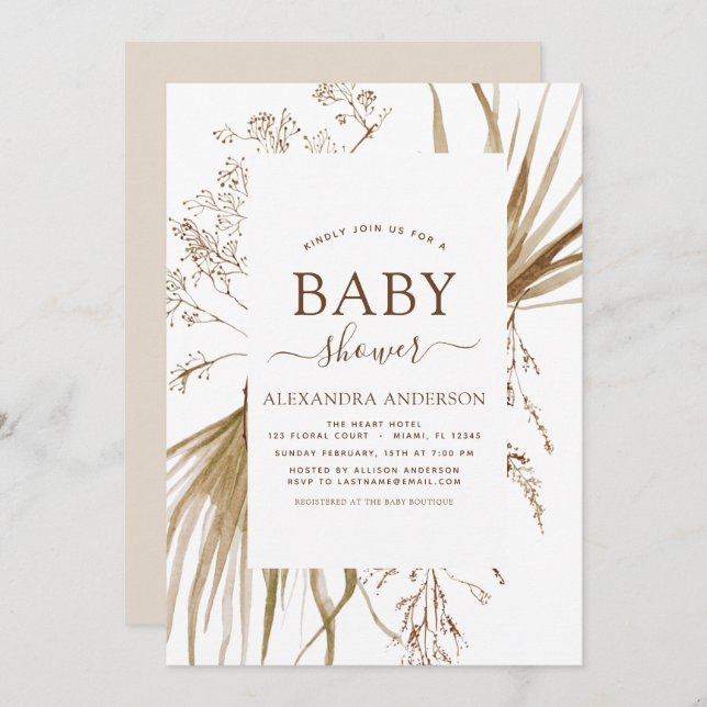 Invitation Baby shower Boho Bohème Pampas Grass (Devant / Derrière)