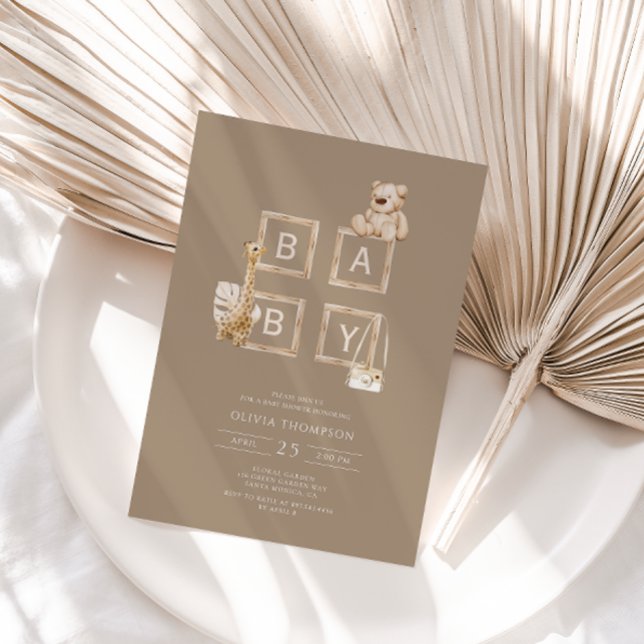 Invitation Baby shower Boho Brown Wood Block Lettres (Créateur téléchargé)