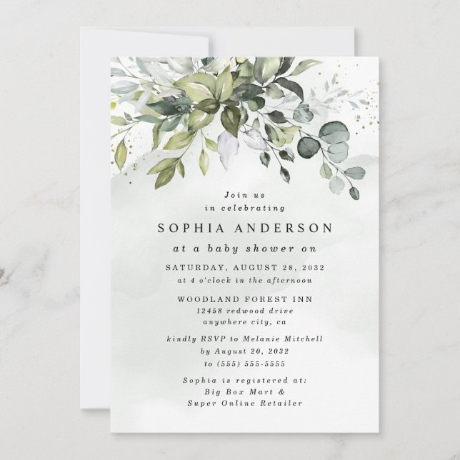 Invitation Baby shower Boho Dusty Blue Eucalyptus (Devant)