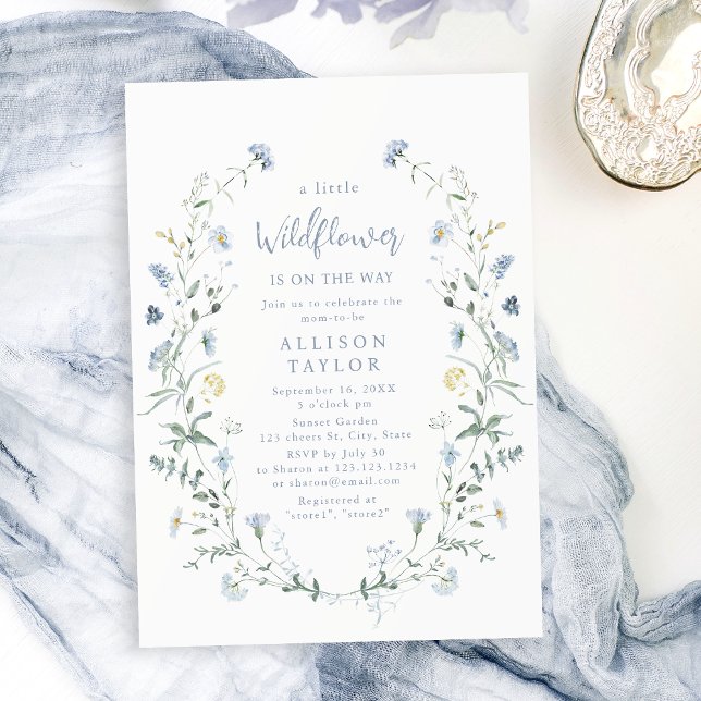 Invitation Baby shower Boho Dusty Blue Little Fleur sauvage (Dusty Blue Little Wildflower Boho Baby Shower Invitation)